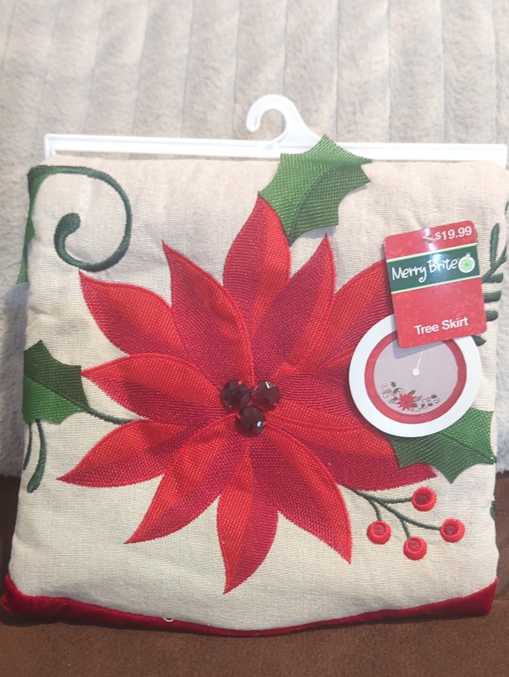 CVS 48” Christmas Tree Skirt Poinsettia Embroidered Jeweled Holly New w Tags